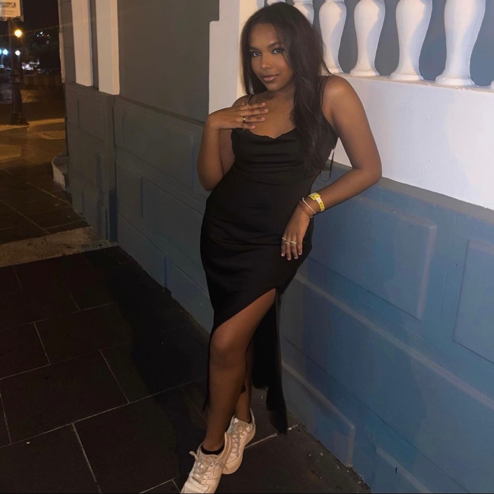 Black satin lace maxi dress